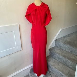 Talbot Runhof Red Crepe Golatta Draped High-Slit Split-Shoulder Halter Gown Sz 6